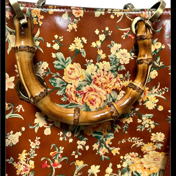 Patricia Nash Zancona Leather Botanical Garden Print Bamboo Handel Tote Bag NWOT - Picture 2 of 11